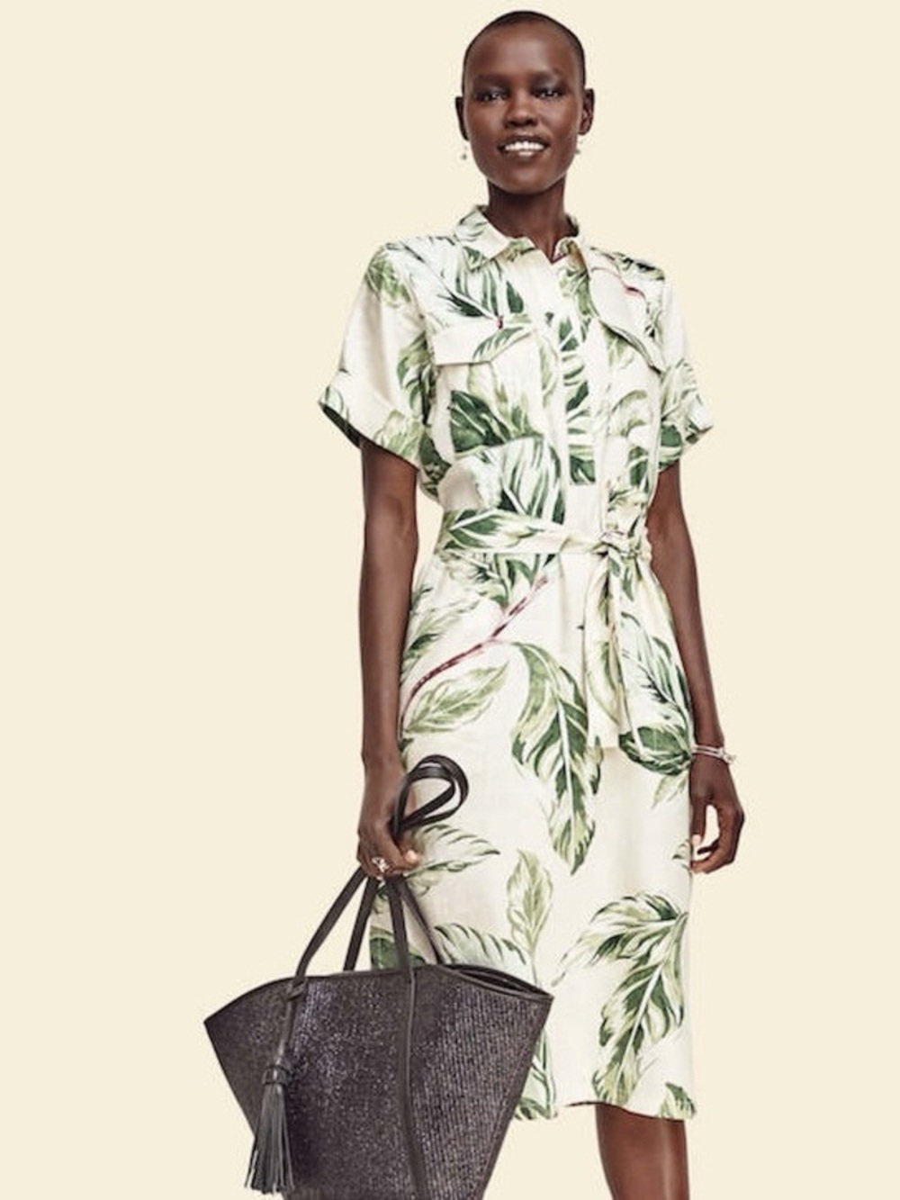 Ann Taylor Cream Tropical Leaf Midi Shirt Dress